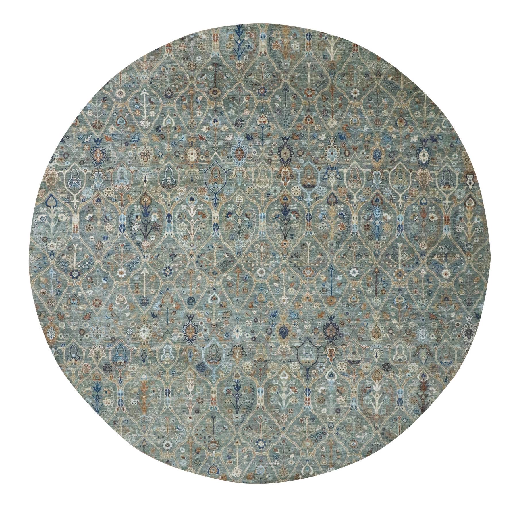 Sage Green, Trellis Borderless Garden Design, Agra, Hand Knotted, Hand Spun New Zealand Wool,
Oversized, Round, Oriental Rug